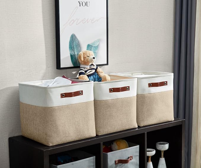 DECOMOMO Cube Storage Bin 11x11, Fabric Storage Bins | 4 Pack, Storage Baskets for Shelves, Kallax Storage Cubes (Beige & White) - Image 7