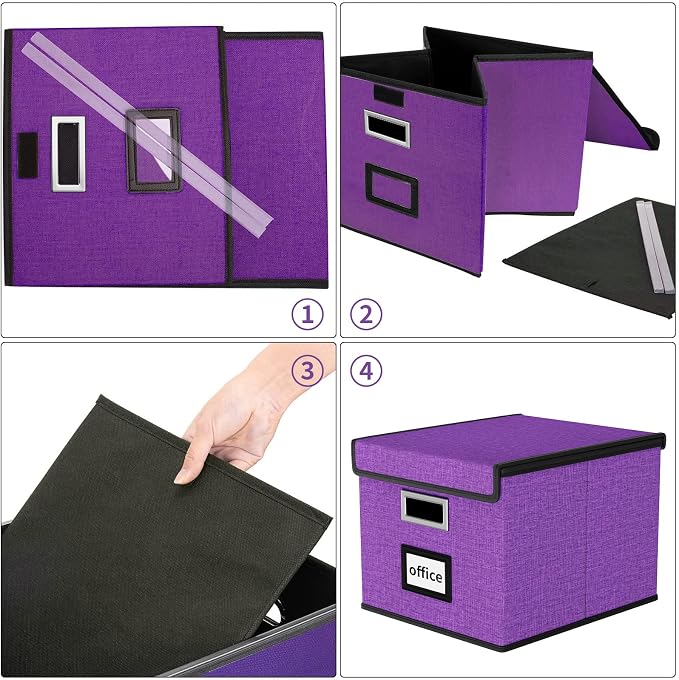 File Organizer Box with Lids, Collapsible File Folder Organizer | File Box with Plastic Slides for Office Document Storage, Filing Bin for Letter Size Hanging File Folders (2 Pack, Purple) - Image 7