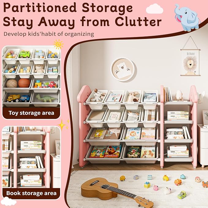Pipleo Kids Toy Storage Organizer with 12 Removable Bins, Toy Organizers and Storage with 4-Tier Bookshelf for Kids Toy Storage Organizer (Pink) - Image 4