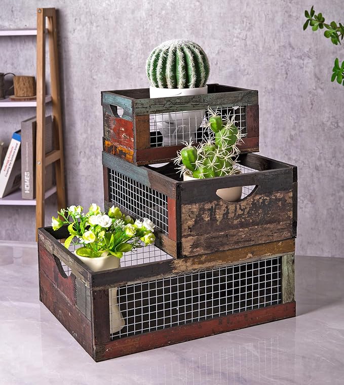 TIMRIS Set of 3 Rustic Wood Nesting Crates, Farmhouse Distressed Wooden Storage Boxes, Decorative Reclaimed Wood Organizer Baskets with Wire Mesh (Random) - Image 2