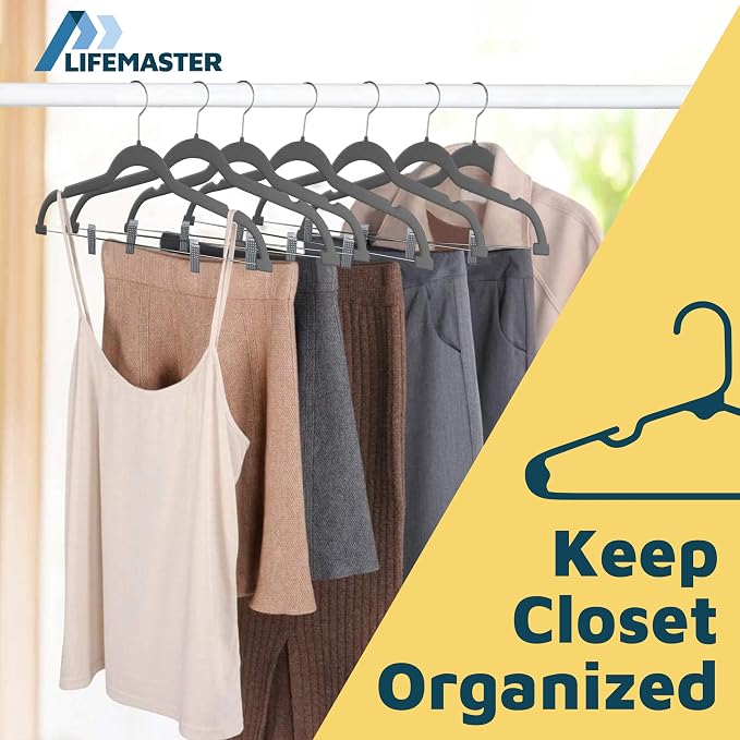 Lifemaster Velvet Skirt Hangers – with Adjustable Clips, 360 Degree Swivel Hook, and Non-Slip Shoulder Notch, Holds Up to 10 lbs, for Organizing Skirt, Pants, Dress, and Clothes, Pack of 50, Gray - Image 9