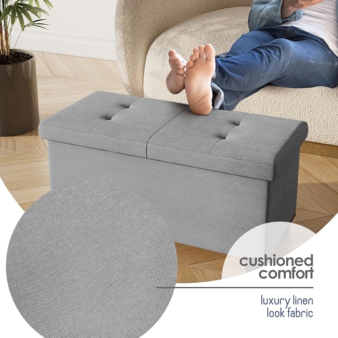 Storage Ottoman Bench with Bins, 30-in Storage Bench for Bedroom End of Bed, Folding Foot Rest Ottoman for Living Room Max 660lbs, Fabric Ottomans, Light Grey - Image 7