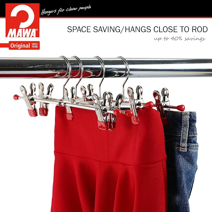 Mawa by Reston Lloyd Space-Saving Clothes Hanger for Pants and Skirts with Two Non-Slip Clips, Style K/30D, 12-Inch, Set of 12, Red - Image 3
