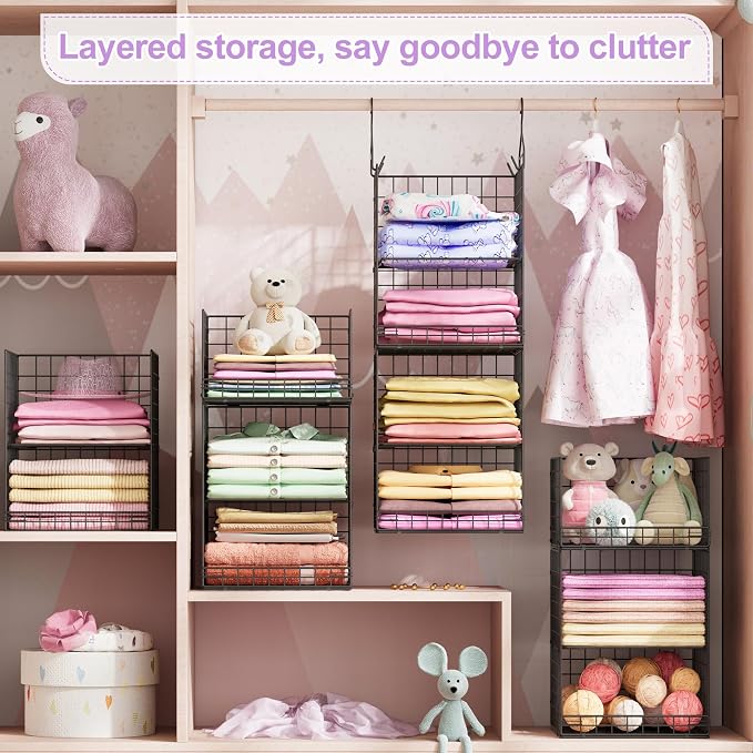 6 Tier Hanging Closet Organizers and Storage Stackable Hanging Closet Shelves with 4 Hooks 2 Adjustable Dividers, Wire Storage Basket Bins for Clothing Purse Sweaters Shoes Socks Dolls, Foldable - Image 7