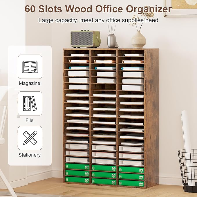 EasyPAG 60 Compartments Wooden Literature Organizer with Adjustable Shelves, 30000 Sheets Capacity Paper Organizer, Classroom Mailbox and Mail Sorter for Teachers and Office, Archaize - Image 2