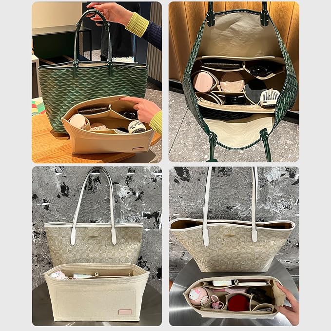 Tote Bag Organizer Insert with Base Shaper, Felt Neverfull MM Organizer, Purse Organizer Insert with Zipper Pocket and Bottle Holder, Fits Speedy 30 Neverfull MM Tote Handbags and More,Beige-L - Image 9
