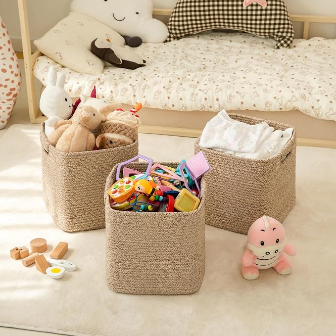 OIAHOMY Storage Cubes 11 Inch Storage Bins-3-Pack, Cotton Rope Woven Baskets for Organizing, Square Storage Baskets for Shelves Organizer, Classroom, Kids Toy Bins, Closet, Baby Nursery-Brown - Image 2