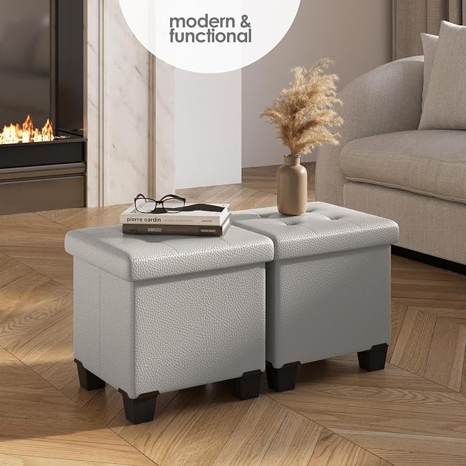 Storage Ottoman Cube with Small Bin, 15-in Square Ottoman with Storage for Living Room and Bedroom, Small Ottomans Foot Rest, Leather Foot Stools Ottomans Max 330lbs, Light Grey - Image 2