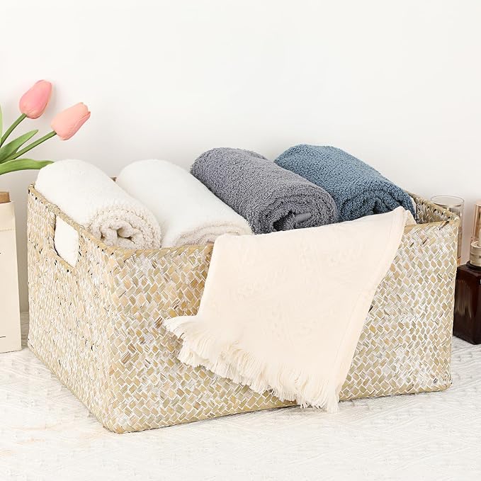 Hipiwe Wicker Shelf Baskets Seagrass Storage Opened Baskets Bin with Handle | Rectangular Closet Bedroom Basket Organizer Box, Multipurpose Woven Basket Home Organizer, Whitewash 14.6"x 10.6" x 7.1" - Image 7