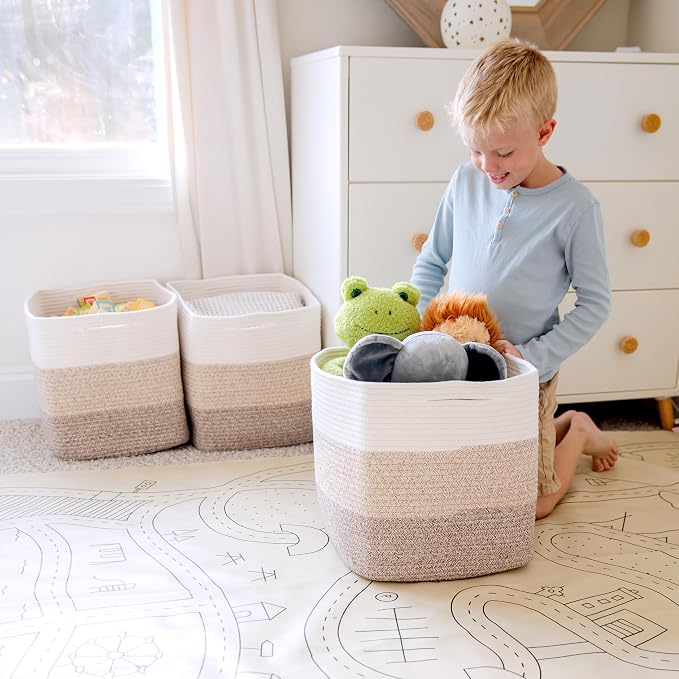 NaturalCozy 13x15x13 Kallax Storage Cubes Bins, 3 Pack | Cotton Rope Cube Storage Bin Woven Baskets for Organizing | Kallax Insert Storage Baskets for Shelves Organizer, Kids Toy, Closet Baby Nursery - Image 8