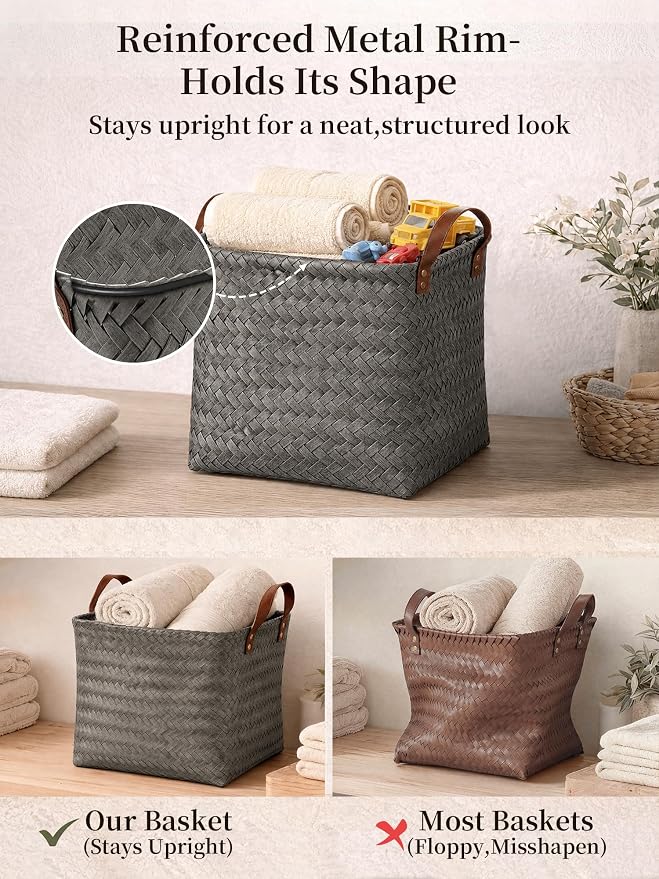 Wicker Storage Baskets, 4 Pack Woven Baskets for Shelves, Grey | PP Rattan, Water-resistant Wicker Basket, Large Baskets with Faux Leather Handles for Blanket, Laundry Organizer, Room Decor - Image 5