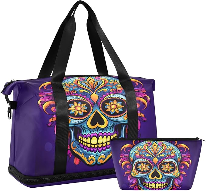 Travel Duffel Tote Bag Gothic Skull Sports Duffel Bag with Wet Pocket Weekender Overnight Bag for Women Men Gym Bag, Carry On Bag Hospital Bag for Labor and Delivery - Image 7