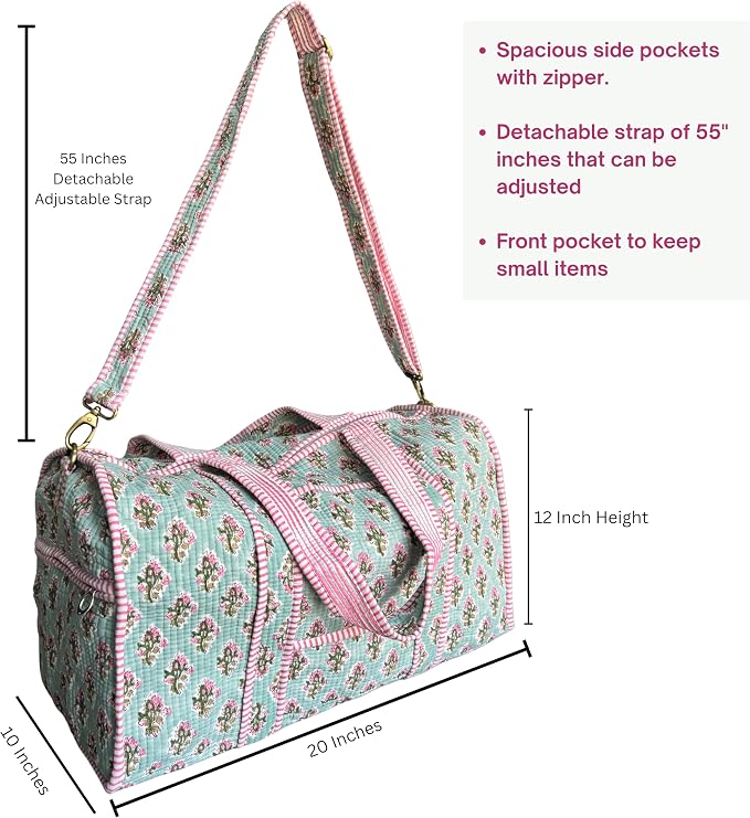 ATOSII Large Duffle Bag, Handblock Print 100% Quilted Cotton for Overnight Trip, Travel Weekender, Luggage, 2 Pockets with Zipper, 1 Front Pocket, Detachable Long Strap, 20 X 10 X 12 Inches, Bluebell - Image 2