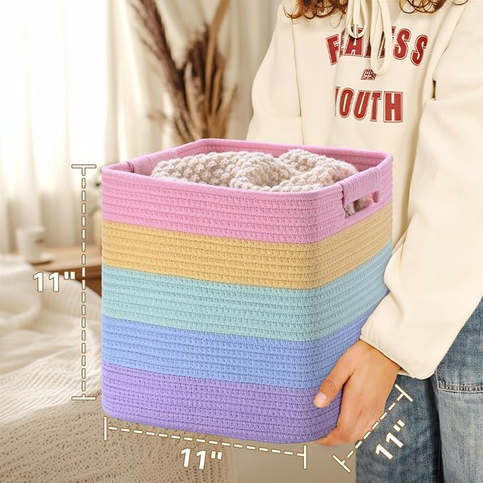 11 Inch Storage Cubes, 3 Pack Cube Storage Bins for Organizing, Cotton Rope Woven Baskets for Shelves, Bathroom, Kids Room, Closets, Baby Nursery - Image 5