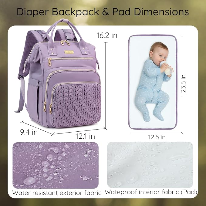 AIJIEKE Large Diaper Bag Backpack, Extra Wide Travel Diaper Bag, Purple | ulti-functional waterproof maternity bag. Changing pad, stroller straps, insulated wet/dry pocket. Mom, dad, toddler travel - Image 7