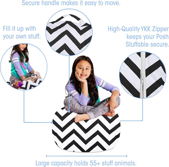 Posh Creations Kids Stuffed Animal Storage Bean Bag Chair Cover - Childrens Toy Organizer, Medium-27in, Canvas Chevron Black and White - Image 2