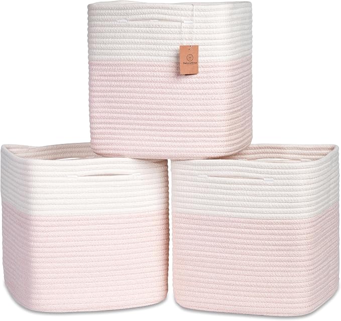 NaturalCozy 13 Inch Cube Storage Bins Cotton Rope Woven Baskets for Organizing 3-Pack | 13 x 13 Storage Cubes | Fabric Square Storage Baskets for Shelves Organizer, Kids Toy Bins, Closet Baby Nursery by NaturalCozy