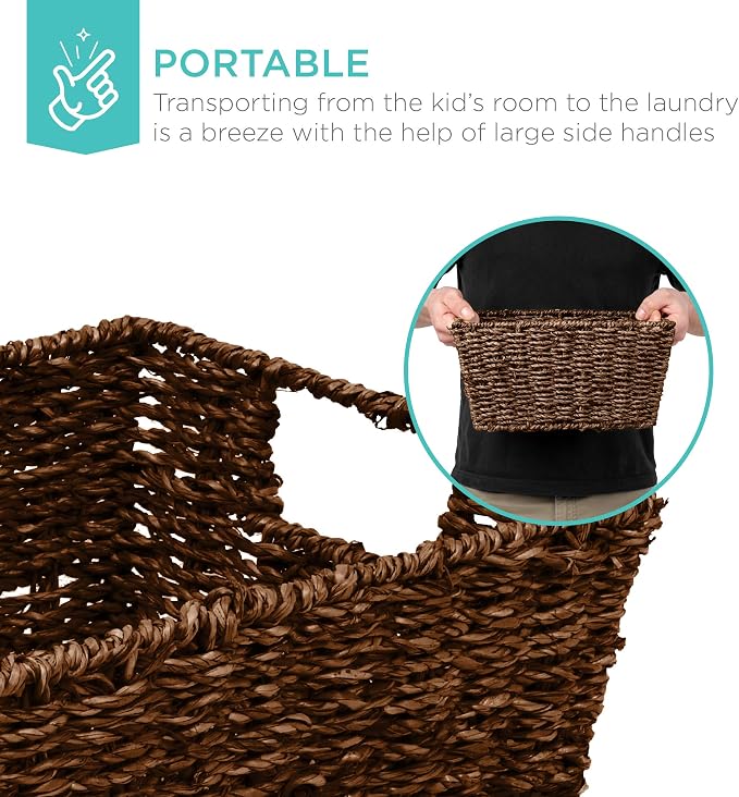 Best Choice Products Rustic Set Of 4 Multipurpose Stackable Seagrass Storage Basket, Handwoven Laundry Organizer Totes for Bedroom and Living Room, Shelves, Pantry w/Insert Handles - Brown - Image 4