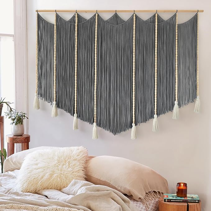 Jakalin Macrame Wall Hanging Grey Woven Yarn Large Boho Wall Art 57" x 43" | Handwoven Cotton, Fiber Wall Art, Grey Dip dye Design, Home Decor Boho, Macrame Yarn, Living Room, Bedroom Wall Decor - Image 3