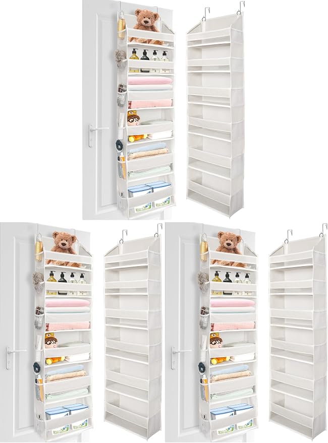 ULG Over The Door Organizer with 6 Large Pockets 12 Side Pockets, 50lbs Weight Capacity Door Hanging Organizer for Bedroom, Bathroom, Pantry, Nursery Storage, Beige (Pack of 3) by ULG