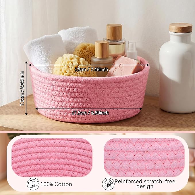 12 Pack Small Storage Basket Cute Natural Cotton Rope Woven Basket Tiny Boho Decorative Toy Storage Bin Gift Baskets for Home Organizing, Closet, Shelf, Nursery, Bathroom(Round,Pink) - Image 2