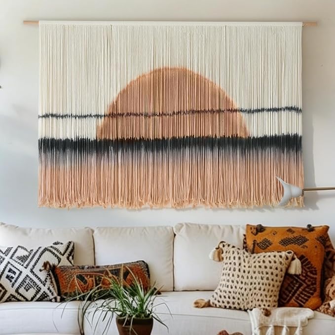 Macrame Wall Hanging Dip Dye Sunset Boho Wall Decor Fiber Art 57" W*35" L | Fiber Wall Art, Hand Dyed Wall Hanging, for Bedroom Living Room Office Dorm Room Accent, Aesthetic Home Style, Boho Decor - Image 2