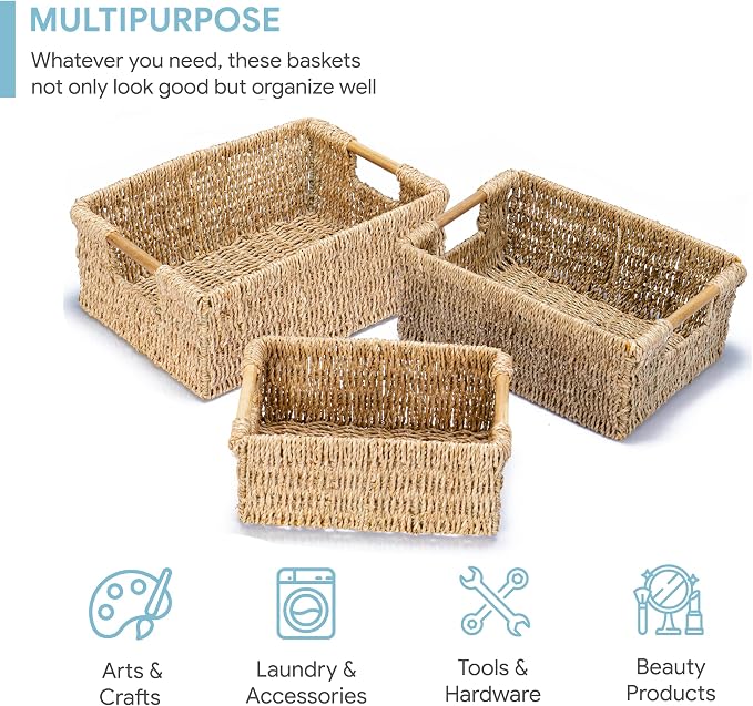 VATIMA Seagrass Baskets with Wooden Handles, Set of 3 Decorative Natural Wicker Baskets for Kitchen - Image 3