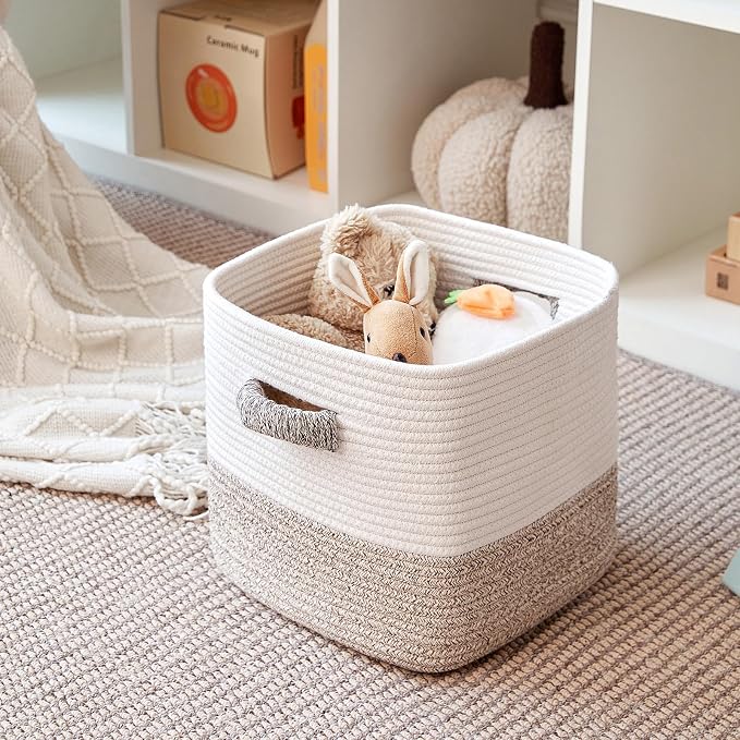 R RUNKA Storage Cube Baskets 3-Pack - 11 inch Square Baskets, Closet & Shelves Organizers - Woven & Drawer Storage - Ideal for Toys | White & Beige - Image 4