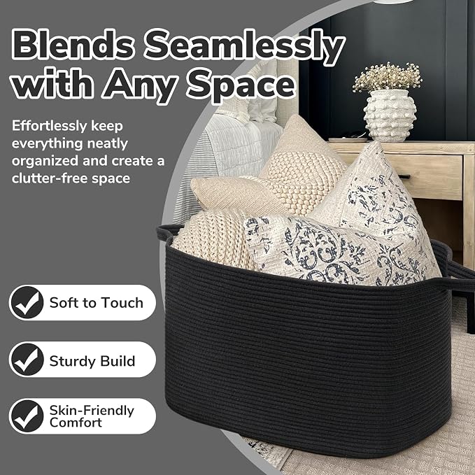 Goodpick 85L Large Woven Rope Blanket Basket, Rectangle, Black | 23.6'' x 15.7'' x 13.8'' Storage Basket for Blankets, Pillows & Toys, Living Room & Bedroom Organization, Reinforced Handles - Image 5
