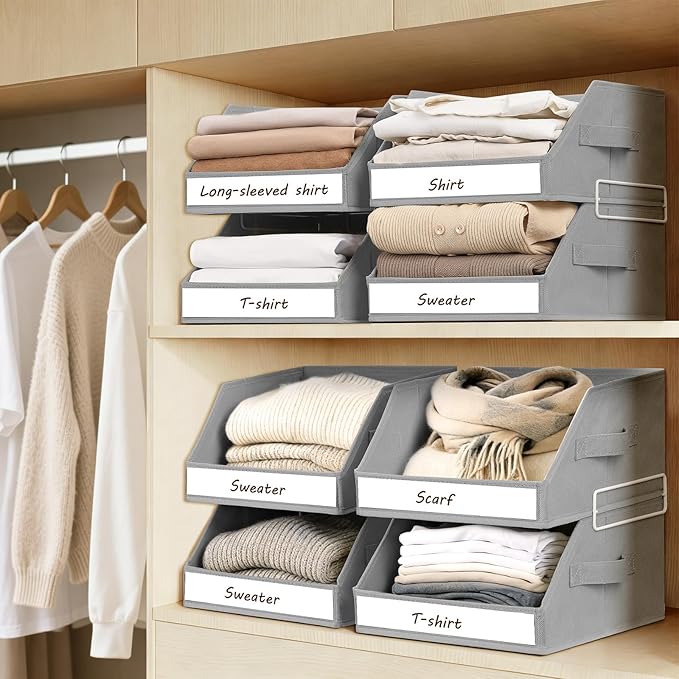 Closet Organizers and Storage - 5 Tier Shelf Organizer with Weekly Labels, Stackable Storage Bins with Metal Frame, Foldable Cube Bins, Home Baskets for Kids and Adults, Grey - Image 2