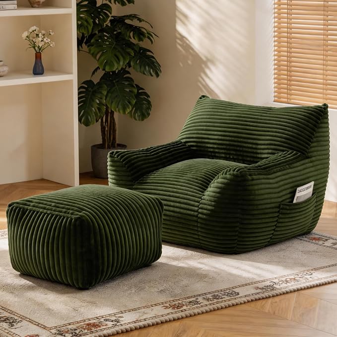 Oversized Bean Bag Chair with Ottoman, Bean Bag Couch with 2 Side Pockets, Corduroy Boneless Couch Chair in a Box, Comfy Lounge Chair for Living Room, Bedroom, Dorm, Green by Nivayor