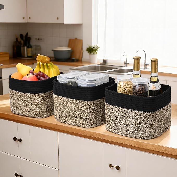 3 Pack Cube Storage Bin, 9”x9”x7” Cotton Rope Woven Baskets for Organizing Toys Clothes Towels, Square Gift Storage Baskets for Shelves, Nursery, Closet, Bathroom, Pantry (Black & Brown) - Image 5