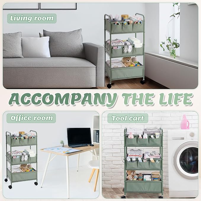 WILLBOND 3 Tier Green Baby Diaper Caddy Organizer Cart with 4+3 Dividers Large Capacity Metal Utility Bedside Rolling Cart Newborn Registry Nursery Essential Must Have Crib Bedroom Baby Shower - Image 5