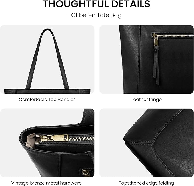 befen Genuine Leather Tote Bag for Women, Large Work Tote Bag with Zipper Leather Purse and Handbags with 15.6" Compartment - Image 6