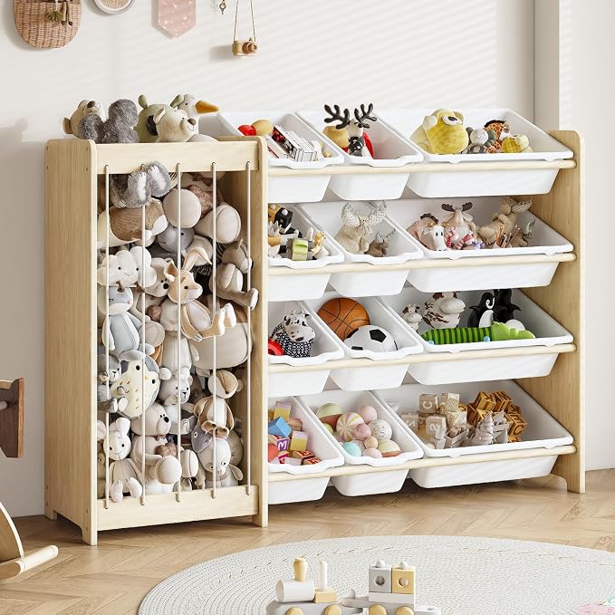 EXPERLAM Kids Toy Storage Organizer, 2-in-1 Stuffed Animal Storage & Toy Organizer w/12 Bins, Solid Wood Toy Rack Featuring Thicker Elastic Ropes to Hold Toys, Playroom Nursery Bedroom Storage, White by EXPERLAM