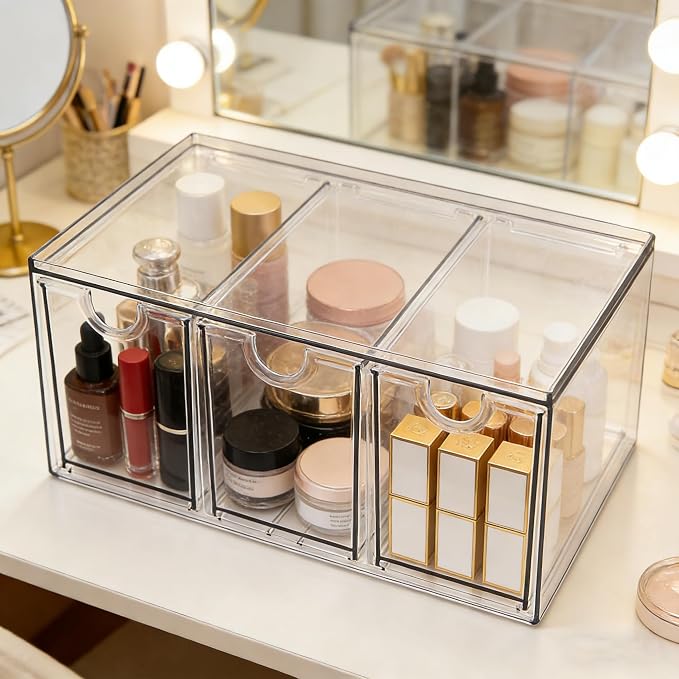 Prsildan Acrylic Makeup Organizer Stackable Storage Drawers with 3 Drawers for Office Desk Vanity Craft Room Clear Drawer Organizers for Hair Accessories Art Supplies Cosmetics Modular System - Image 2