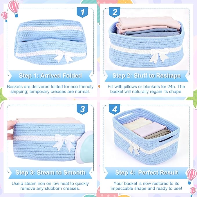 10 Pack Empty Gift Baskets, 12x8x5 Small Blue Woven Cotton Rope Baskets with Gift Bags & Ribbons, Decorative Baby Shower Hamper, Nursery Storage Basket with Handles for Shelves - Image 7