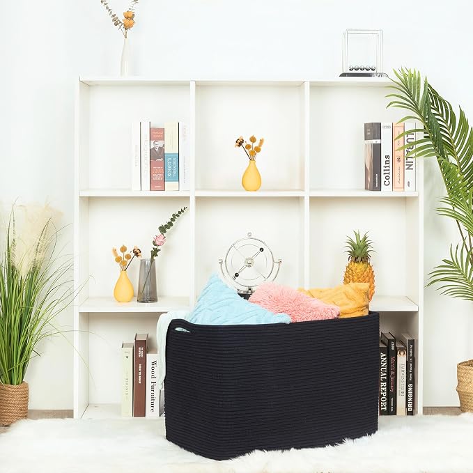 112L Extra Large Blanket Basket Holder Living Room, 25"x17"x16" Rectangle Rope Woven Storage Basket with Handles for Laundry, Pool Towels, Shoes, Dog Toy Organizer Bin Box, Black - Image 5