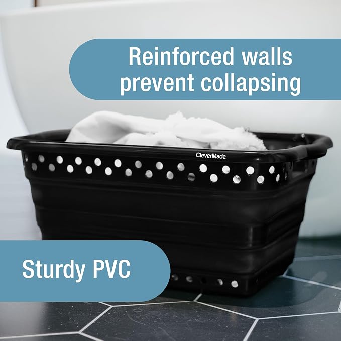 CleverMade Collapsible Plastic Laundry Basket, 39L, 2 Pack, Black | Save Space in Small Laundry Rooms | Each Basket Holds 45 lb, Molded Handles Ease Carrying, and Flexible Panels Fold Flat - Image 2