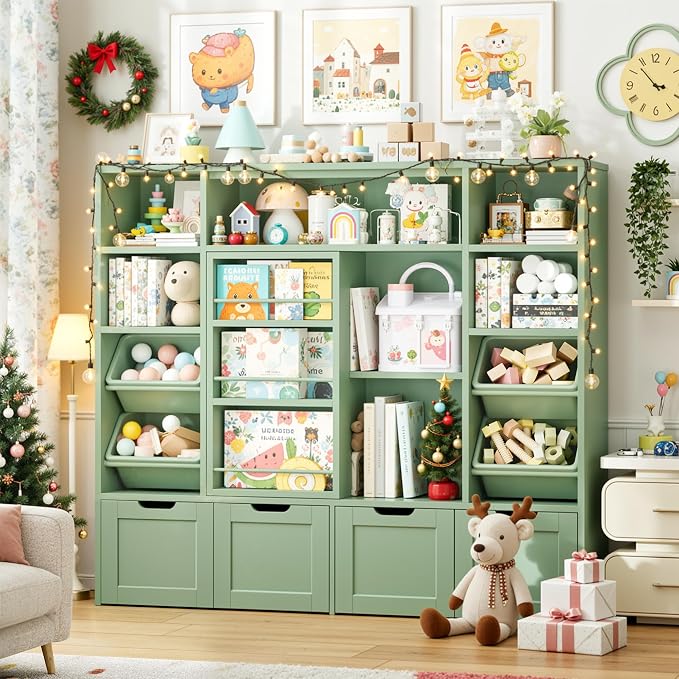 Toy Storage with Sliding Bookshelf, Toy Organizer with 4 Bins | 55.1’’ W Large Toy Storage Organizer Kids Bookshelf with 4 Movable Drawers, Toy Bins Playroom Storage for Kid Room, Green - Image 2