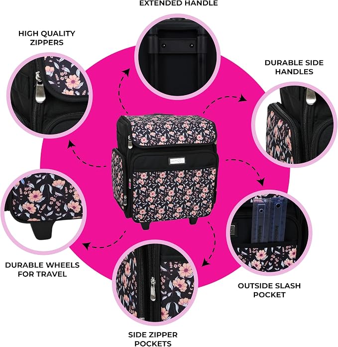 Everything Mary Rolling Scrapbook Tote – Black & Floral Trim Foldable Craft Organizer Tote for Scrapbooking Supplies, Art Tools, Paper & Accessories – Portable Storage Bag - Image 2