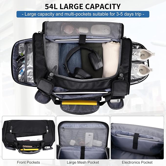 WITZMAN Duffle Bag for Men Large 54L Travel Duffel with Shoe Compartment | Water-resistant Nylon, Dry-wet Pocket, Fits 16" Laptop, Convertible for Gym, Weekender, Sports, Overnight, B717 Black - Image 3