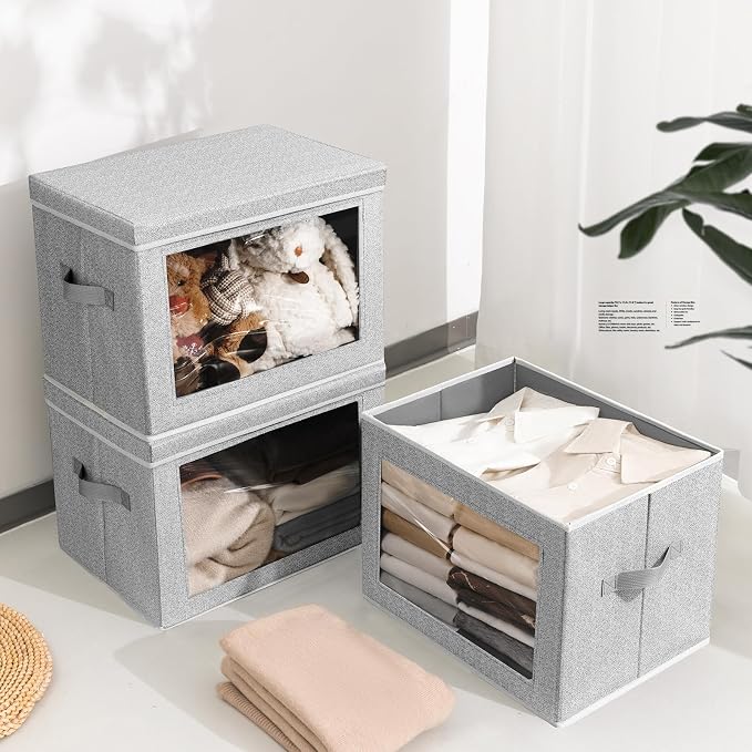 Storage Bins with Lids, 3 Pack Large Storage Cubes with Window, Closet Bins with Lids & Handles, Fabric Box for Organizing Clothes, Towels, Books, Blended - Image 4