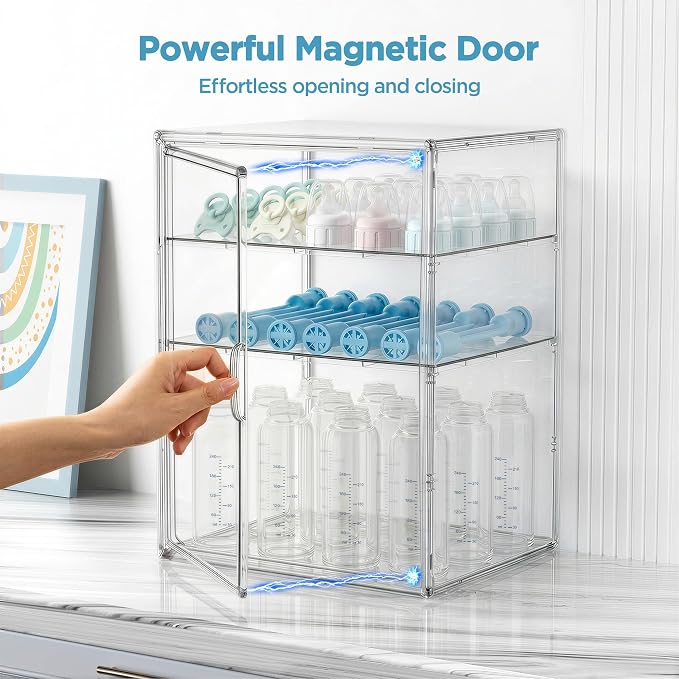 HBlife Baby Bottle Storage Organizer for Countertop Cabinet, 3 Tiers Adjustable Clear Acrylic Bottles Storage Station Case Box Container with 2 Removable Dividers and Magnetic Door, X-Large - Image 4