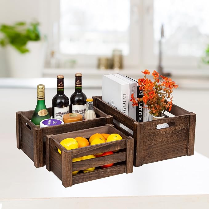 Set of 3 Nesting Wooden Crates, Small Rustic Farmhouse Wood Storage Boxes with Handles, Stackable Compact Organizer Bins for Kitchen Bathroom Bedroom Decor, 3 Sizes (Retro Brown) - Image 8