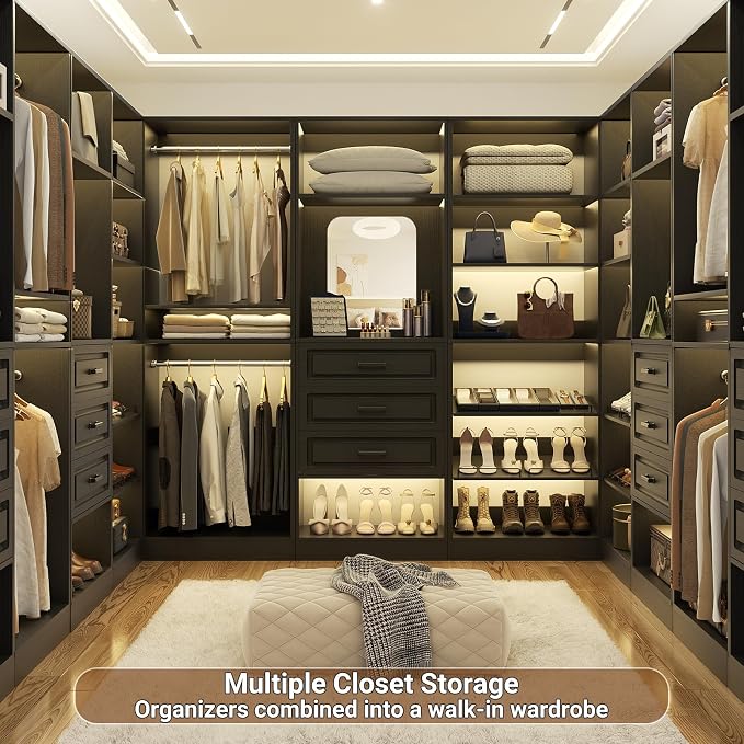 Unikito 75" Modular Closet System with 3 Sets, Mirror & Drawers, Black | Hanging Rods & Adjustable Shelves, Freestanding Wood Wardrobe Garment Rack, Walk in Tower Clothes Storage Organizer Unit - Image 6