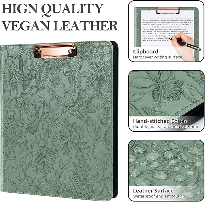 Ospelelf Green Leather Portfolio Binder 3 Ring, Zippered Clipboard Folder with Storage - 5 Dividers with Pocket, Padfolio for Women,12.1” Tablet Sleeve, Refillable Notepad, Card Slot - Image 5