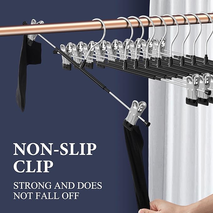 16 Inch Pants Hangers with Clips Skirt Hangers 10 Pack, Black | Non-Slip,Adjustable metal clips,Space-Saving,Heavy duty, for pants/skirt/dress/trousers/jeans/shorts/Clothes,Women,men - Image 3