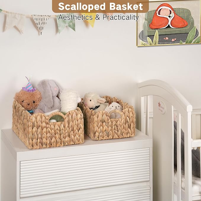 iEGrow Scalloped Wicker Basket, Set of 2 Woven Rattan Natural Water Hyacinth Baskets with Built-in Handles, Rectangle Storage Baskets for Organizing, Decor, Shelf and Nursery Room - Image 2