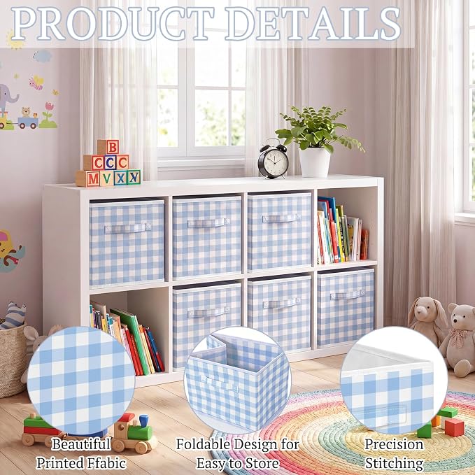 Yalikop 6 Pcs Blue Gingham Cube Storage Bins, 11 Inch Fabric Checkered Classroom Storage Bins Organizer with Handle Preppy Collapsible Cubby Basket for Classroom Home Nursery Playroom Bedroom - Image 4